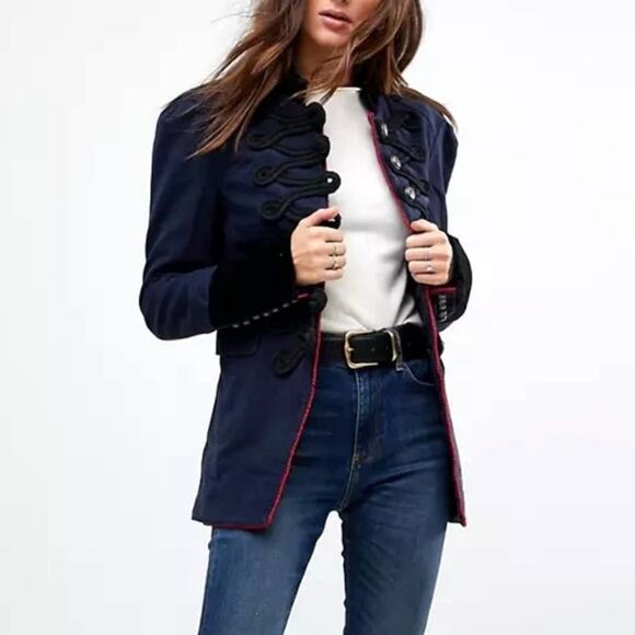 Free People Velvet Military Band Jacket Navy Blue Structured Statement Luxe S - Picture 11 of 14